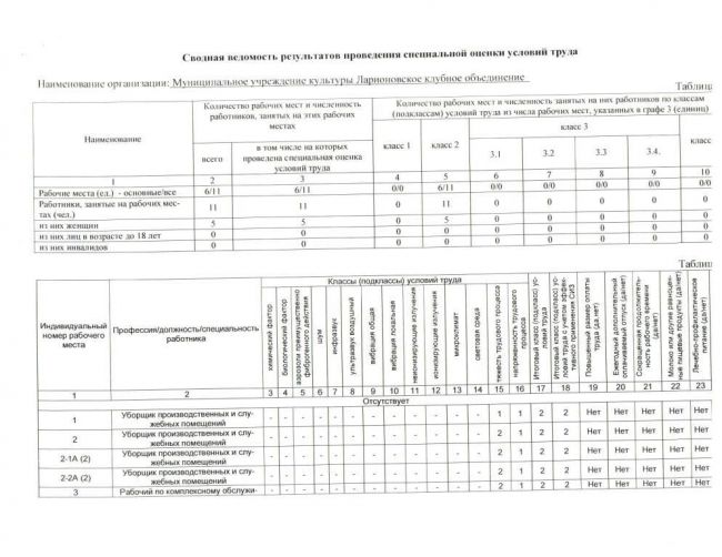 Сводная ведомость результатов проведения специальной оценки условий труда